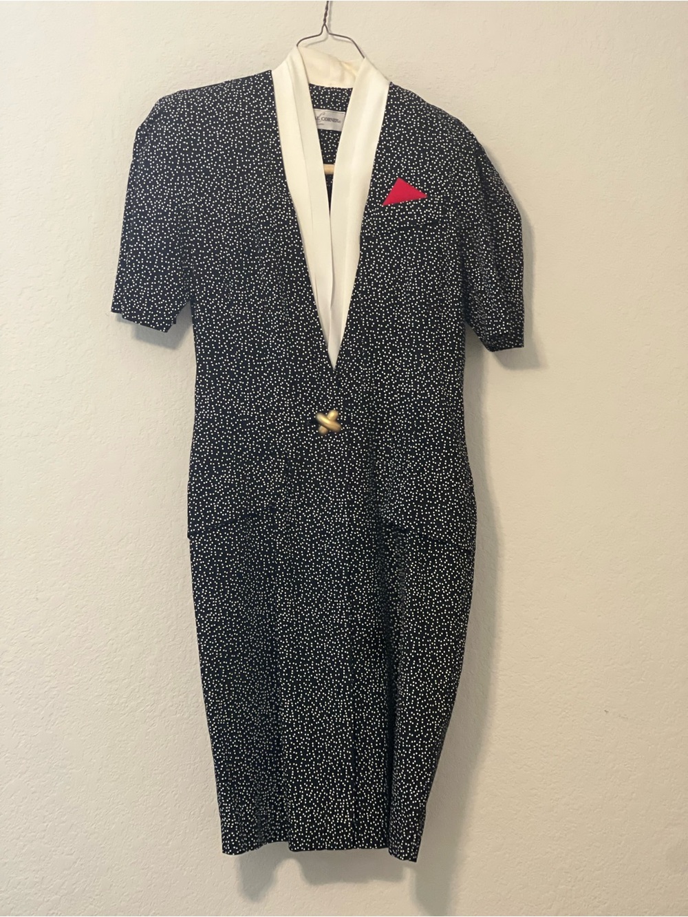 Black & White Speckled Dress with Ivory Lapel and Red Accent